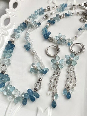 S77-NEW ARRIVAL! EXCLUSIVE PREMIUM ombre Natural Aquamarine Flower 3pcS Set